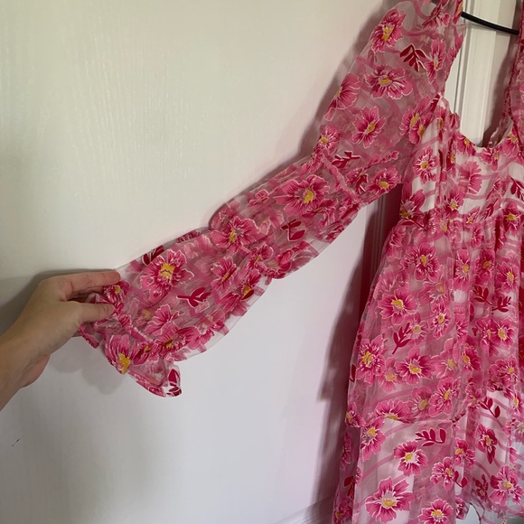 Storia Pink and White Puff Sleeve Babydoll Mini Dress - Picture 4 of 11